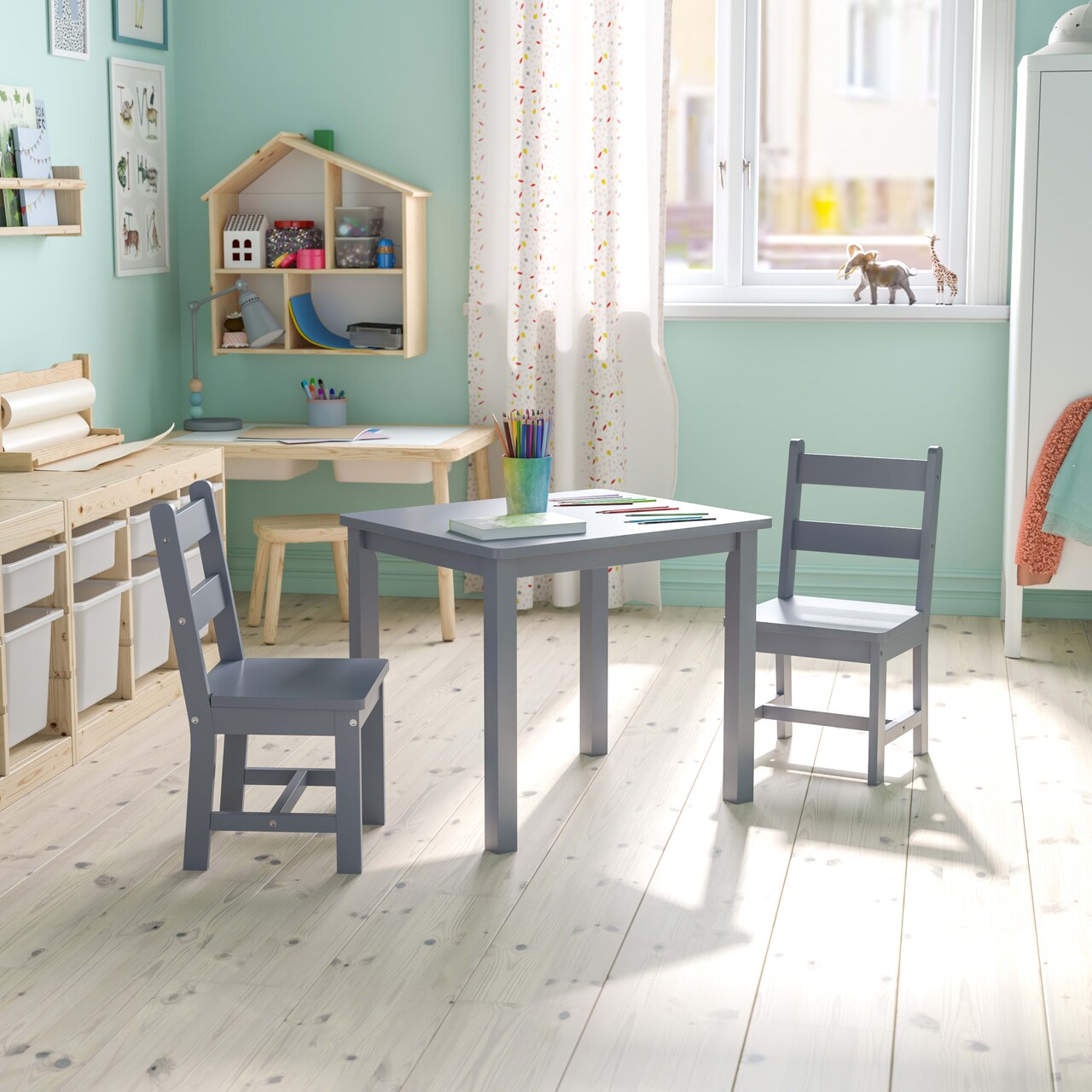 Emma and Oliver Kids 3 Piece Solid Hardwood Table and Chair Set for Playroom, Kitchen